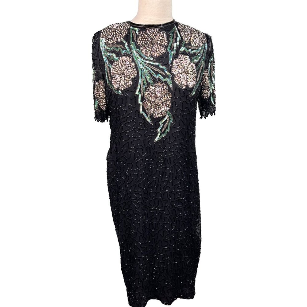 VTG Scala Black Beaded Silk Dress M Floral Sequin Short Sleeve Cocktail Dress